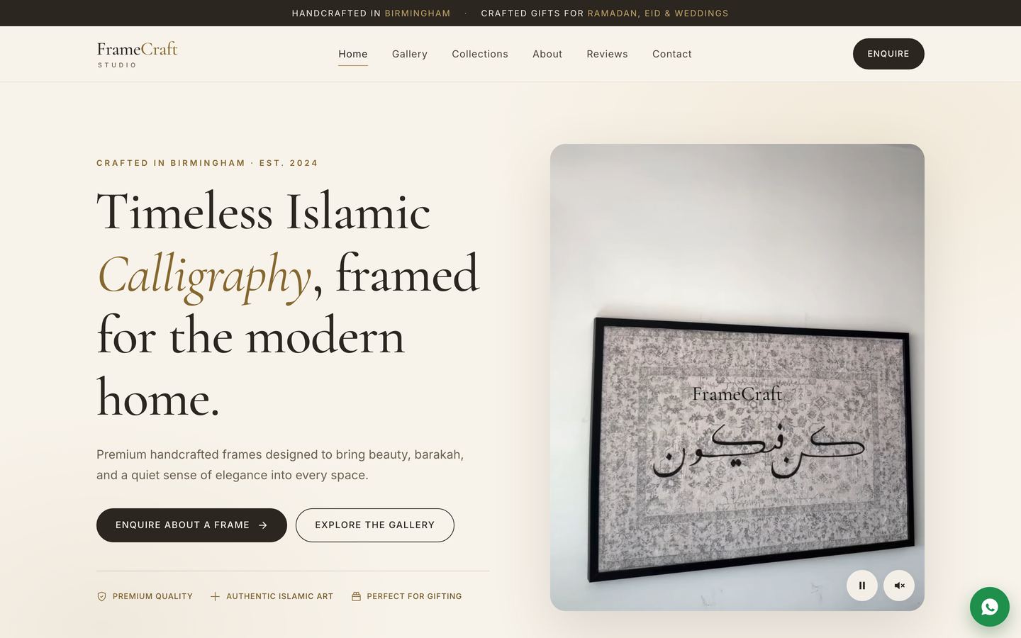 The Frame Craft Studio homepage, designed and built by Bluefield Media