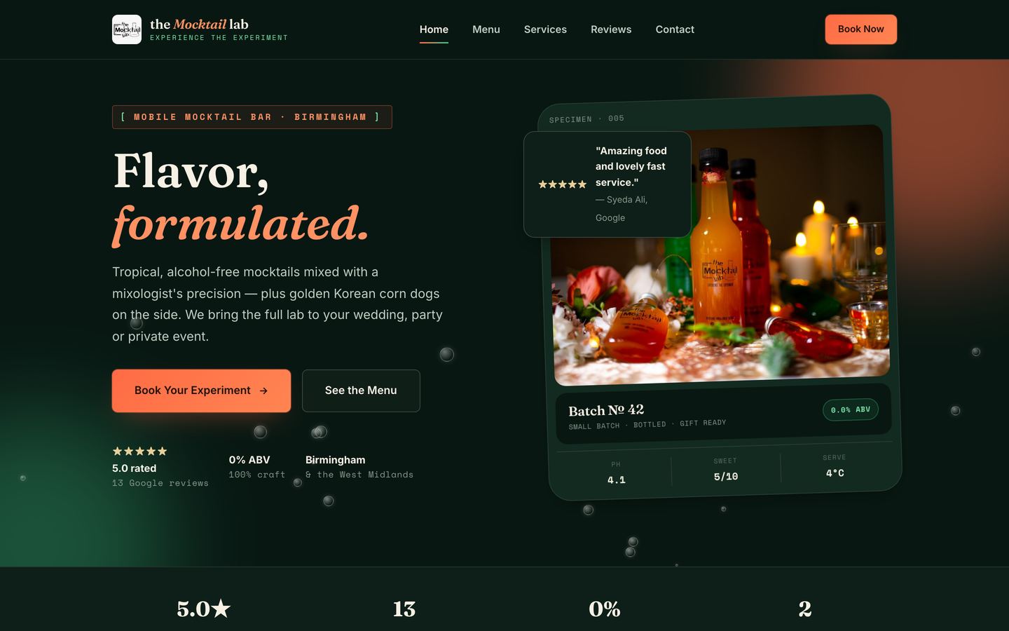The Mocktail Lab sample website homepage