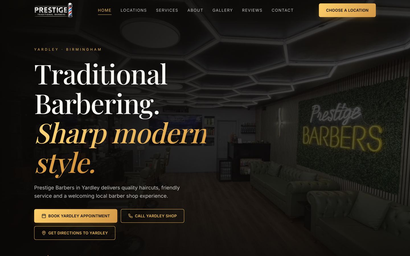 The Prestige Barbers homepage, designed and built by Bluefield Media